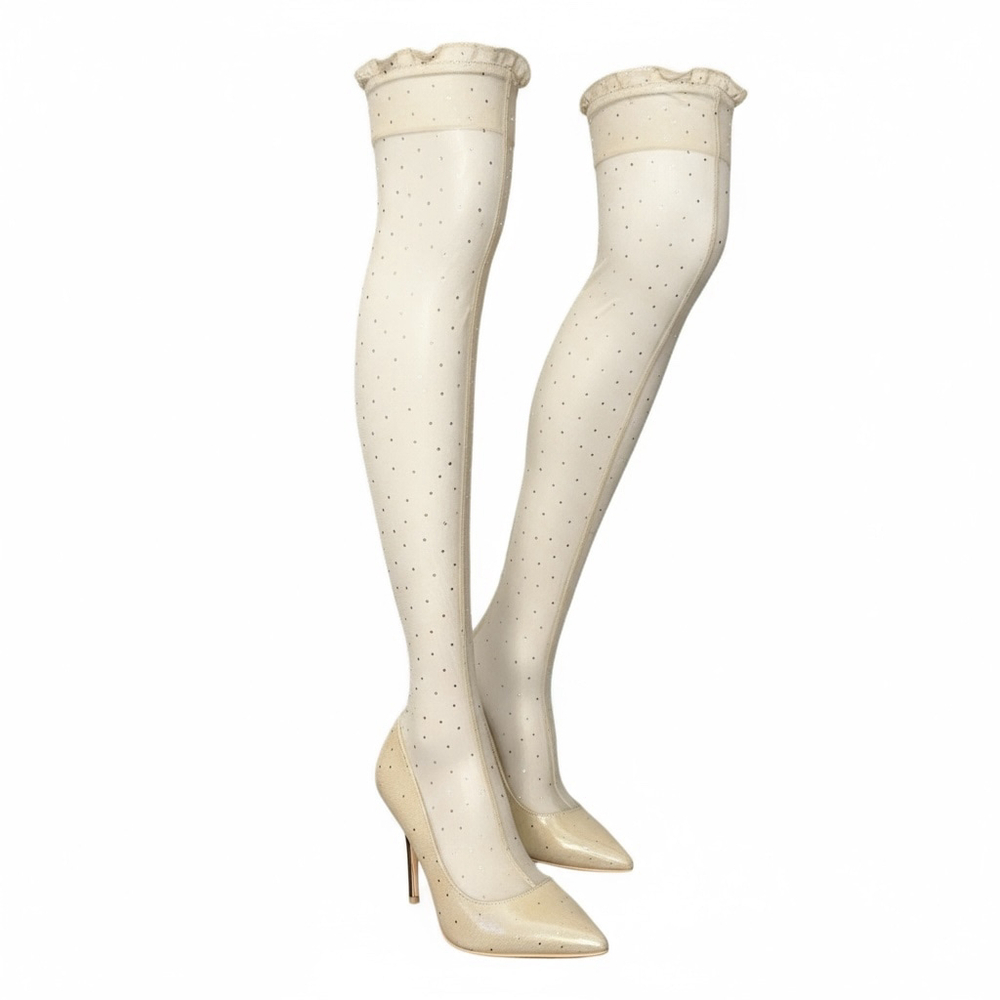 Women's Rhinestone Embellished Over-the-Knee Boots, Cream, High Heel